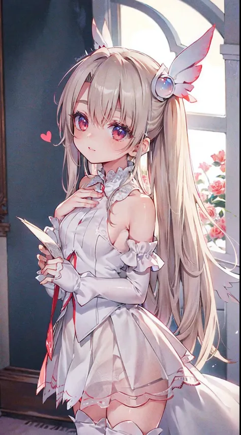 high detail, heart-shaped pupils，white wedding gown，love pupils，cropped shoulders，lots of hearts，slender maiden,highly rendered，...