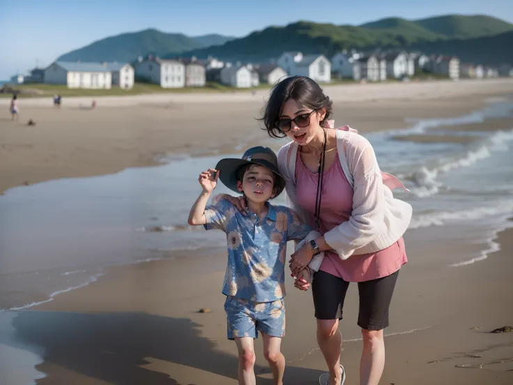 Seaside mother and son