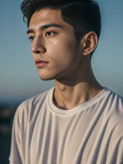 (10, RAW photo, top-quality),Realistic,1 man,22 years old，frontal，intricate detailed,gag,look away,male focus,bara,Thin white T-shirt,Morning sky,gentle lighting,Cinematic lighting,portrait,With love,