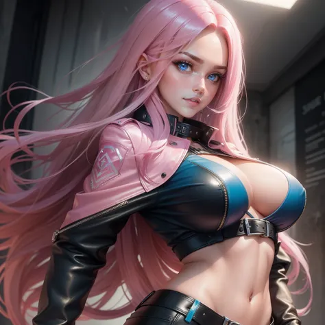 leather jackets　girl with　smil　blue eyess　huge tit　top-quality　​masterpiece　Long　Pink hair　Beautuful Women　hyperdetailed face　super-detaild skin