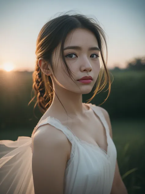 (10, RAW photo, top-quality),Realistic,1 Cute Woman,22 years old，frontal，intricate detailed,gag,look away,Womens Focus,bara,White Dresses,Morning sky,gentle lighting,Cinematic lighting,portrait,With love,