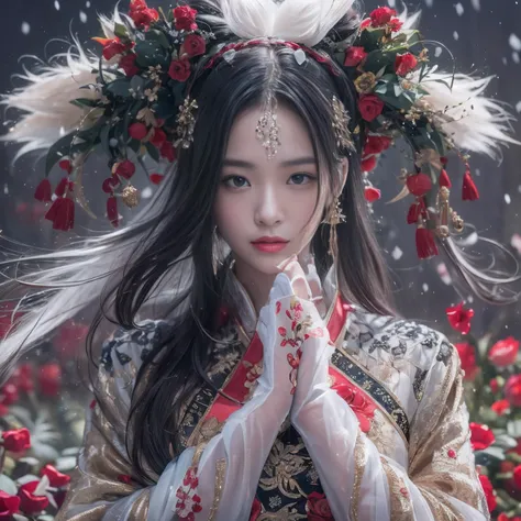 32K（tmasterpiece，k hd，hyper HD，32K）Long flowing black hair，Rockery，zydink， a color，  Xuzhou people （Seduce girls）， （Red scarf in the snow）， jumping posture， looking at the ground， long whitr hair， Floating hair， Carp pattern headdress， Chinese long-sleeved...