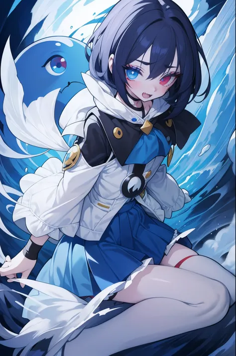 masutepiece, A dark-haired、Frizzy Hair, shorthair、Blue Inner Color、heterochromia, blue eye, red eye, Detailed eye drawing、Slim Body, short body, White jersey、Spiteful smile、fangs、Blue tongue、Open her eyes、float、knee high socks、Moe Sleeve、White theme、horror...