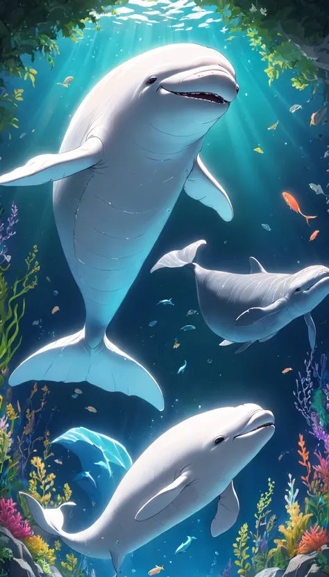 Smiling beluga whale on blue background，Green aquatic plants，Best Masterpiece，ultra intricately detailed，超高分辨率，fish flocks