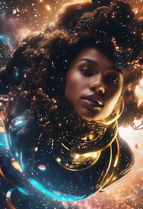 close up of a young woman wearing a black and gold liquid splash dress, pretty face, detailed eyes, soft lips, floating in outer space and planets in the background, fluid, wet, dripping, waxy, smooth, realistic, octane render