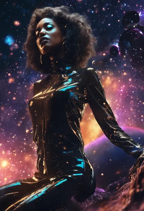 close up of a young woman wearing a black and gold liquid splash dress, pretty face, detailed eyes, soft lips, floating in outer space and planets in the background, fluid, wet, dripping, waxy, smooth, realistic, octane render