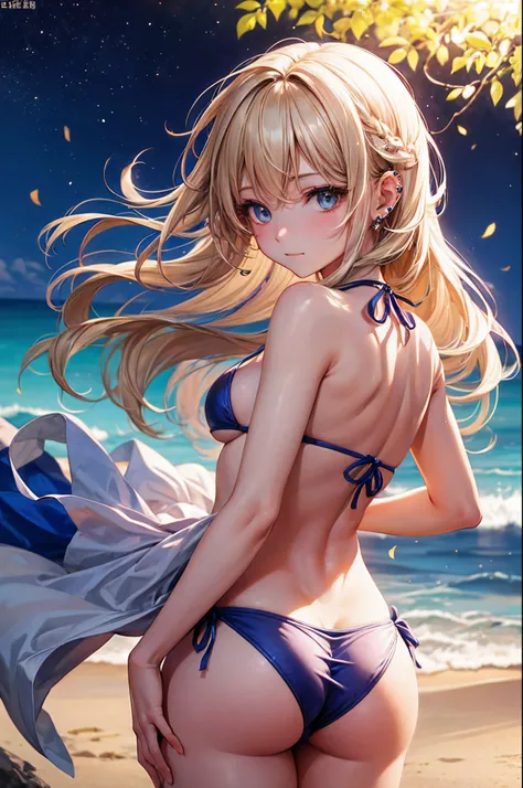 realisitic、top-quality、女の子 1 人、25-years old、light colored hair、piercings、Shy face、Fancy Bikini、beautiful boob 、sexypose、s ass、night sandy beach、Particles of light、profetional lighting、blue open sky