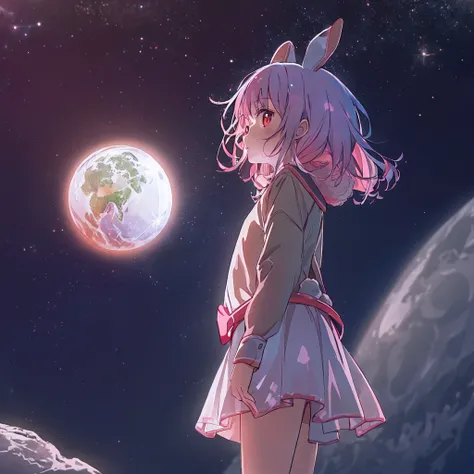 absurderes, hight resolution, (Anime style:1.1), ((masutepiece)), ((Best Quality)), (Ultra-detailed), (Beautiful), 独奏, Beautiful face、(liftup),12year old、Detailed outer space、Realistic beautiful stars々、(Cute girl in rabbit costume standing on the moon look...