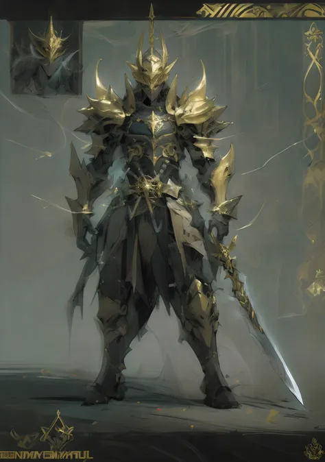 design a layout showcase gameing character, a warrior. golden+black armor, stylish and unique. detailed huge sword. (masterpiece...