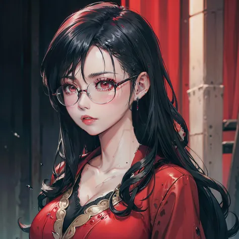 There is a woman with glasses , inspired by Elsa Bleda, thick glasses, Long wet hair dripping, With large round glasses, thick and red lips, solo portrait, Red dress, black jacket