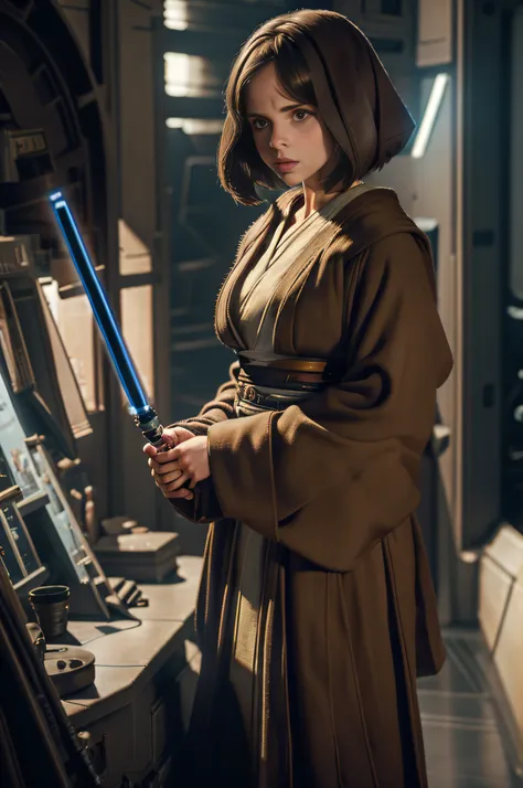 detailed portrait of felicity jones as a jedi, with light-saber, full body, greg rutkowski, art  stations, fantasy, realistic st...