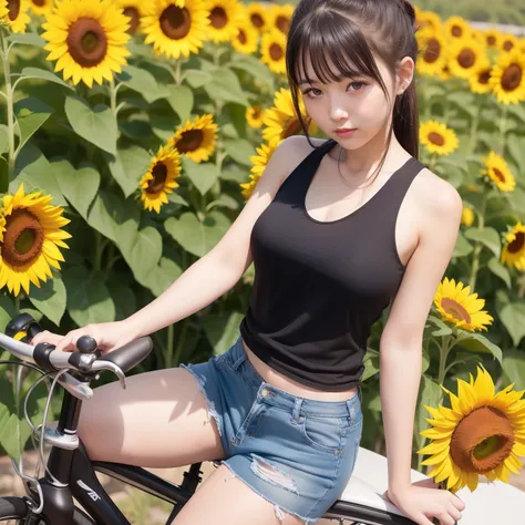 20 year old woman with dark hair、poneyTail、Riding a bicycle、Sweating、Bright sunshine、Sunflower is blooming、Tank tops、Short denim