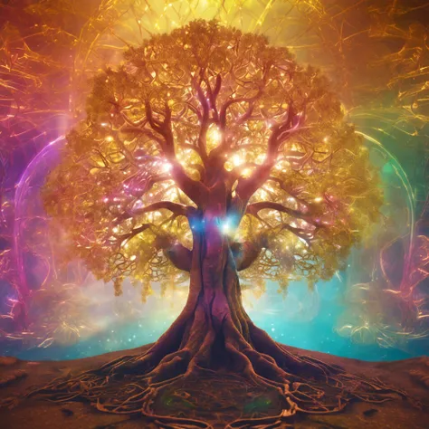 Bodhi tree, symbol of Buddhism, iridescent in rainbow colors, with a golden aura around him with a very bright divine light descending from the sky, High Definition Image, detalhamento alto e estilo fotorrealismo. Imagem com pelo menos 300 dpi, UHD 8k