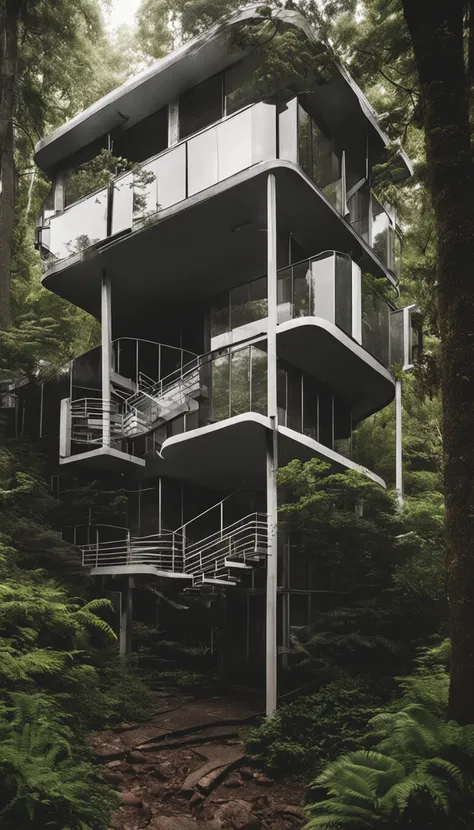 black andwhite, 60s style view of a three-story cube building in a Swiss forest, With a metal spiral staircase leading to the top floor, Surrounded by lush vegetation, Illuminated by cloudy days