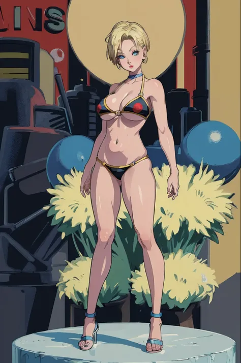 (best quality, masterpiece, ultra-detailed:1.2), 1girl,solo,looking at viewer,
huge breasts, blonde hair, android 18, blonde hair, blue eyes, eyelashes, hoop earrings, short hair, earrings, (((Full body))), detailed body, pose, bikini, front