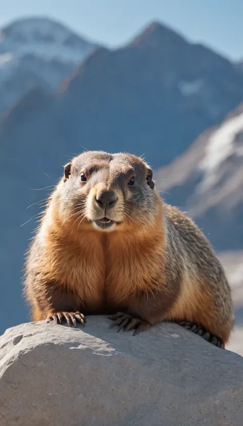 a cute fluffy chubby marmot sunbathing on a pile of rocks, snow mountains background, turquoise glacier lake afar, clear blue sky, highly detailed, golden hour, natural light, octane render, unreal engine