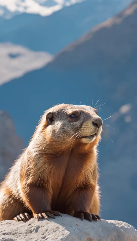 a cute fluffy chubby marmot sunbathing on a pile of rocks, snow mountains background, turquoise glacier lake afar, clear blue sky, highly detailed, golden hour, natural light, octane render, unreal engine