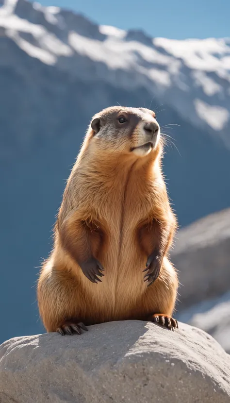 a cute fluffy chubby marmot sunbathing on a pile of rocks, snow mountains background, turquoise glacier lake afar, clear blue sky, highly detailed, golden hour, natural light, octane render, unreal engine