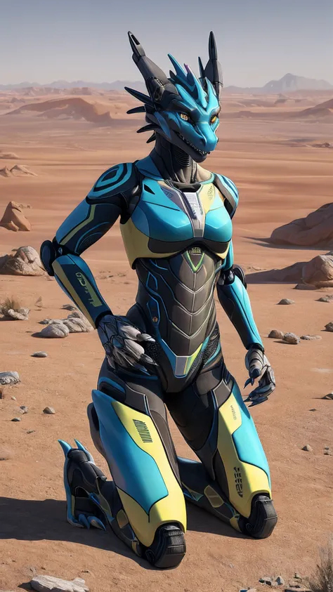 Bionic robot dragon，female，Android，Red Lingeri，sandals，Kneeling in the desert，HD graphics，Detailed and realistic，high detal，high qulity，photo-realistic，photorealistic eye，Detailed paws，Clear eyes，Masterpiece artwork，Five-fingered hands，top-quality，32k