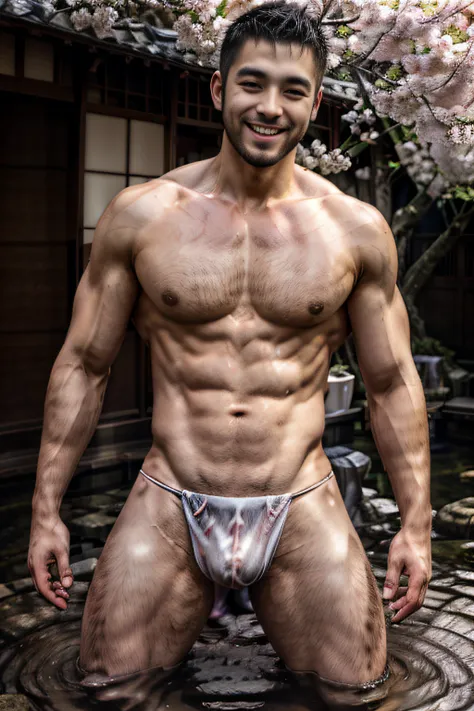 Realistic, Masterpiece, Intricate details, Detailed background, Depth of field, Handsome photo (Japan man), Fun Echus, loincloth, Onsen, Beard, (18 years old), Dynamic pose, cherry blossom,, (Fake smile:0.6), buzz cut,Goatee，Fake smile，laughingly, view the...