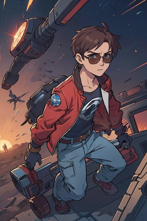 A 23-year-old boy in a red sci-fi jacket and blue pants, wearing brown mechanics leather gloves, camisa branca, with a symbol on the chest with circle and an arch with spikes around it, brown messy hair, and aviator glasses on Digimon Tais head,  single ch...