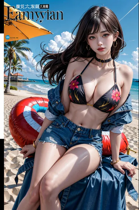 ​masterpiece, top-quality, full body Esbian, 1girl in, bangss, , A dark-haired,, red blush, A bracelet, breastsout, a choker, Clothing around the waist, 鎖骨, shirt with collar, cowboy  shot, ear piercings, eyebrows visible through hair, gradation hair, Grin...