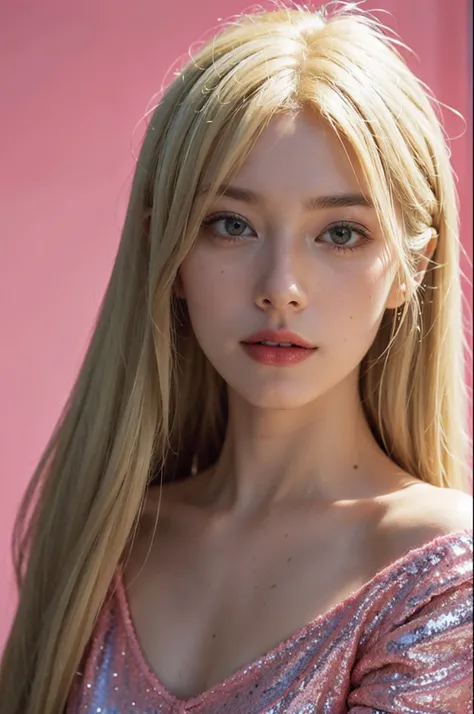 a 20 yo woman，((blond straight hair))，long whitr hair，pink hairband，((Above the shoulder，facial closeups))，looking at viewert，（High top fade in and out：1.3），Pink sequined dress，V-neck dress，soothing tones，pastelcolor，hight contrast，（Natural skin texture，ul...