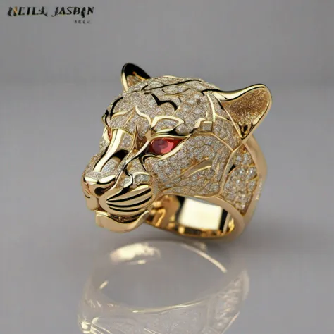 Create the most awe-inspiring and breathtaking representation of a jaguars head ring, 1 ring, a true masterpiece of craftsmanship and opulence. This solid gold ring, crafted from the purest 24-carat gold, takes the form of a jaguars head, meticulously deta...