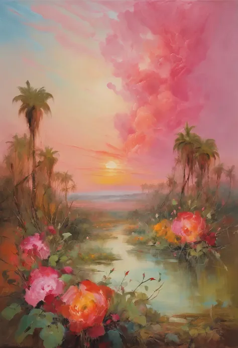 Summer, desert, pink clouds, a land overgrown with roses, James Gurney, art station rendering, ultra-wide lens, high definition