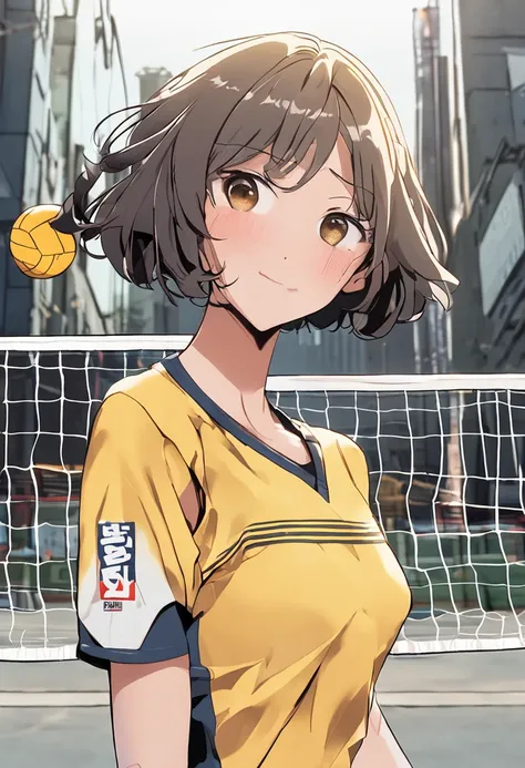 Playing Volleyball、((Yellow volleyball style))、Looking over here、Volleyball court background、Short hairstyle fluttering in the wind、Dark hair、Making facial wrinkles、Teardrops、Has bangs、Take a sexy pose、I can see the side、Face Zoom、Background of the shoppin...