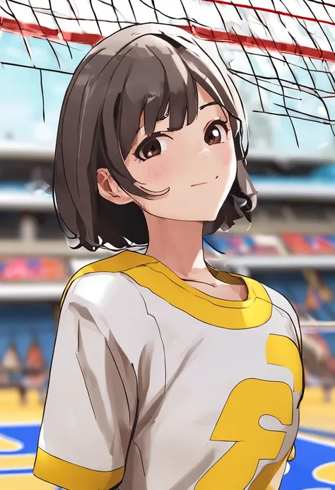 Playing Volleyball、((Yellow volleyball style))、Looking over here、Volleyball court background、Short hairstyle fluttering in the wind、Dark hair、Making facial wrinkles、Teardrops、Has bangs、Take a sexy pose、I can see the side、Face Zoom、Background of the shoppin...