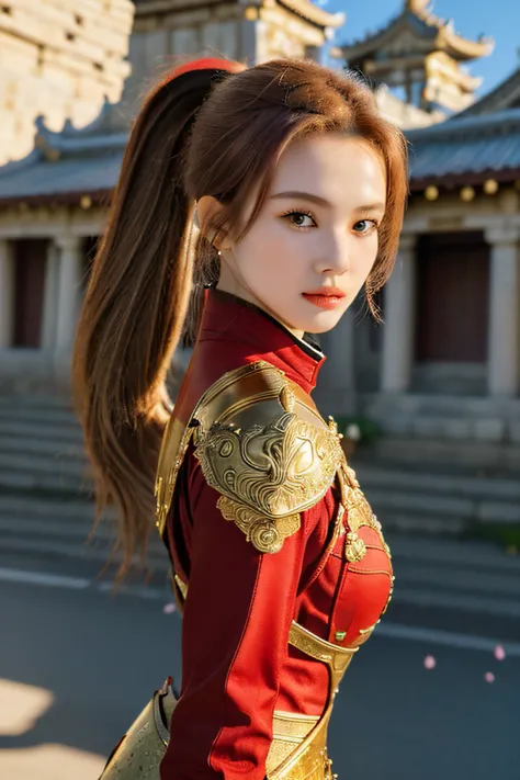 18 year old girl, korean, (8K, best quality:1.2), (masterpiece:1.37), (photo, photorealistic:1.37), (ultrahigh-res), full body, walking pose, shot from front, slow motion, female paladin wearing body armour, (partial armour), (golden and red accent armour:...