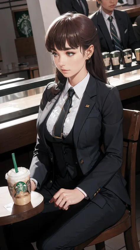 (((beautiful))), dolla, formal outfit, business suit, office working dress, huge breasts,(((shiny skin))), ((intricate details)), hdr, ((intricate details, hyperdetailed)), cinematic shot, (((sitting in cafe, enjoying starbucks))), vignette, art by alphons...