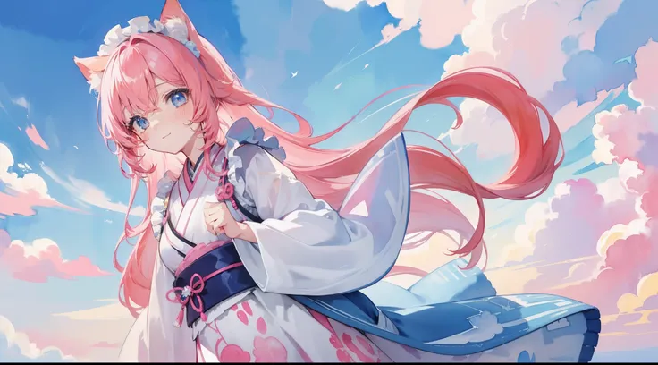 ((ultra - detailed),the sky background,Beautiful clouds,feater,Watercolor pattern in calm colors),(Watercolor texture), ((1girll),long whitr hair,Pink hair,eBlue eyes,cat ear,adolable),ssmile,Japanese-style maid outfit,Best picture quality