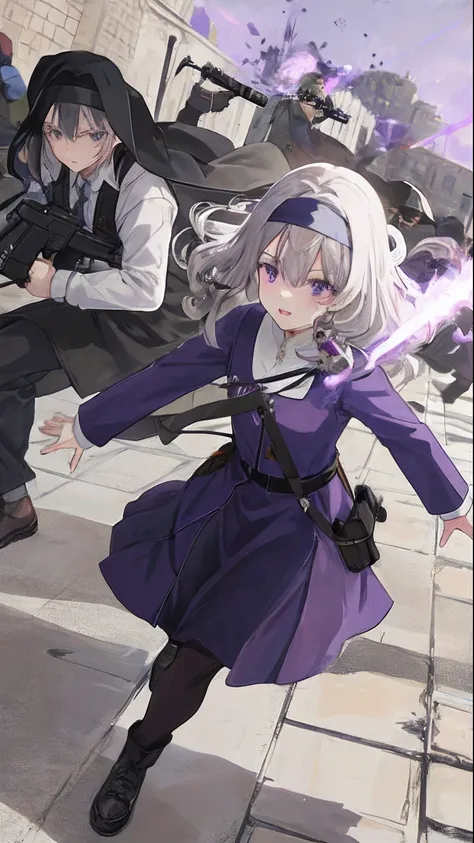 mature girl, grey wavy hair, violet eyes, nuns, action pose, war, guns, fantasy background, magic power