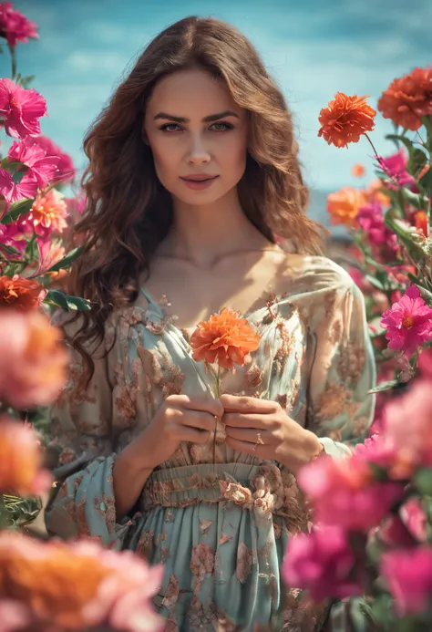 a beautiful young girl, on beach, flowers in hand,