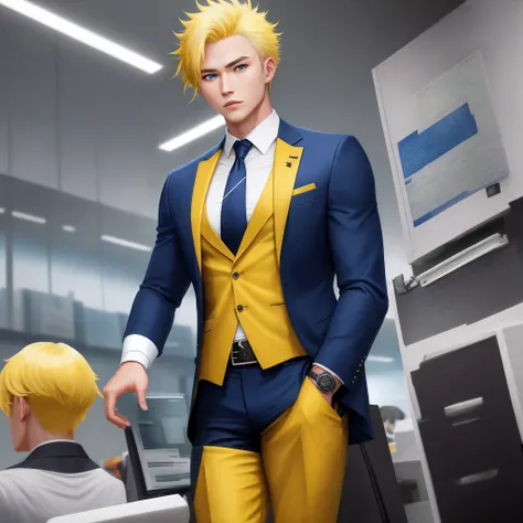 Yellow-haired, blue-eyed male，Business suit，The god of the clan