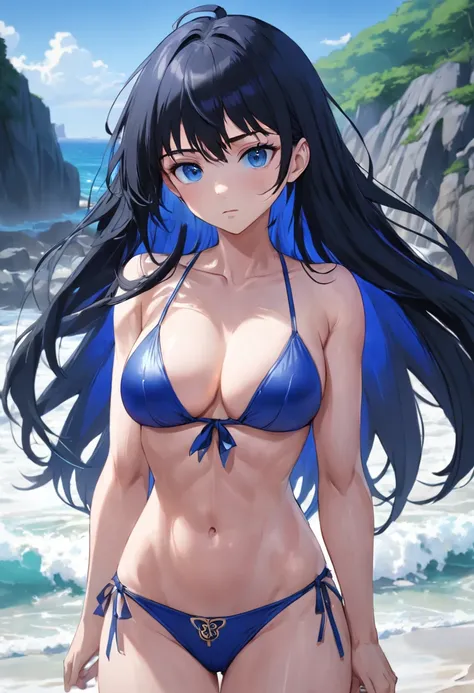 (SFW), (Clean, (Masterpiece), best quality, professional, highly detailed, HDR,UHD,16K), 1young woman, solo, (mature and sexy:1.3), perfect body, big breasts, long black hair, straight hair, bangs, expressive eyes, (dark blue eyes:1.5), perfect face, (Blue...