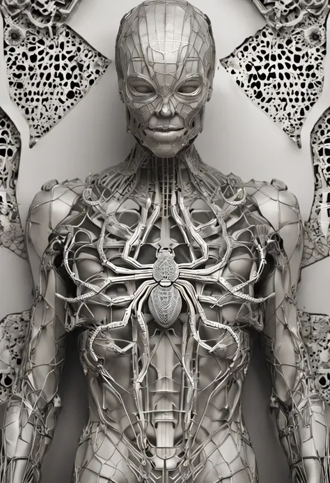 spider-man，retrato，Complex 3D rendering of beautiful and fascinating biomechanical male robot，Possui acabamento em porcelanato、Simulando、linda luz natural、Anel luminoso、1 mola 5 0 mm、Um guerreiro asteca、tristeza、piercing no mamilo、Tatuagem asteca、flor bran...