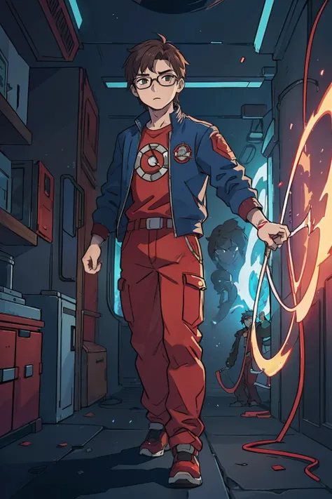 A 17-year-old boy in a red science fiction jacket and blue pants, luvas se couro marrom, camisa branca, with a symbol on the chest with circle and an arch with spikes around it, brown messy hair, and aviator glasses on the head,  single character full body...