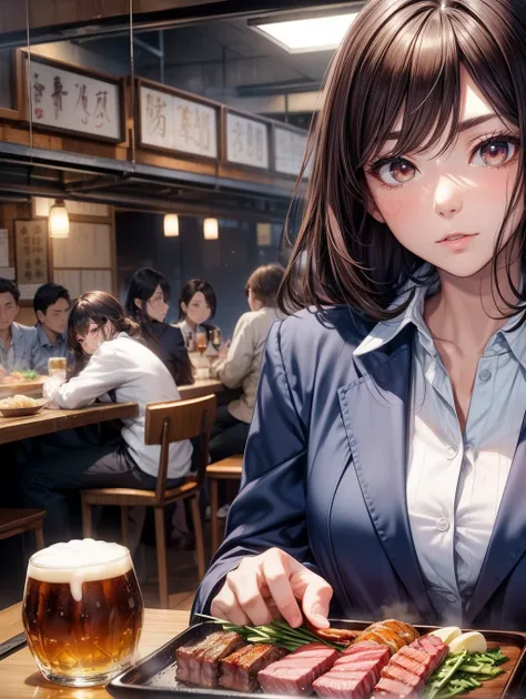 Best Quality, masutepiece, beautiful mature women、Beautiful face、Strong-minded woman、Office Suits、Dark blue jacket、White trousers、brown haired、Brown-eyed、Longhaire、Undersized eyes、natta、overtime、beer、The background is an izakaya、Mobs、Grilled meat、Yakiniku