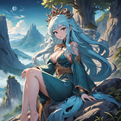 drawing of a stylish woman, sitting in cair, queen of the mountain mu yanling, goddess of the mountain, real photoshoot queen of mountain, ursula the mountain witch, goddess of the mountain, mountain queen, lamia, serpentine water monster, big breast, blac...