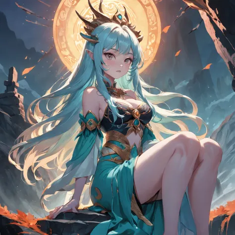 drawing of a stylish woman, sitting in cair, queen of the mountain mu yanling, goddess of the mountain, real photoshoot queen of mountain, ursula the mountain witch, goddess of the mountain, mountain queen, lamia, serpentine water monster, big breast, blac...