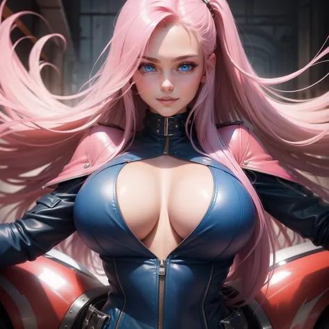 leather jackets　girl with　smil　blue eyess　huge tit　top-quality　​masterpiece　Long　Pink hair　Beautuful Women　hyperdetailed face　super-detaild skin