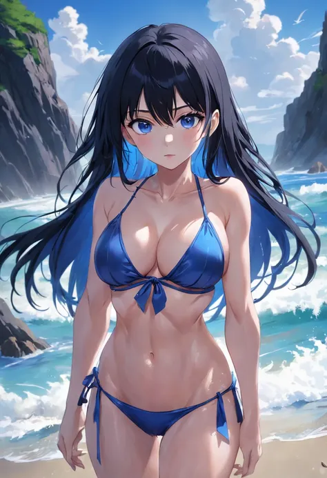 (SFW), (Clean, (Masterpiece), best quality, professional, highly detailed, HDR,UHD,16K), 1young_woman, solo, (mature and sexy:1.3), perfect body, big breasts, long black hair, straight hair, bangs, expressive eyes, (dark blue eyes:1.5), perfect face, (Blue...