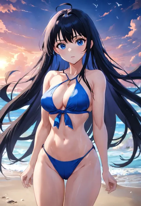 (SFW), (Clean, (Masterpiece), best quality, professional, highly detailed, HDR,UHD,16K), 1young_woman, solo, (mature and sexy:1.3), perfect body, big breasts, long black hair, straight hair, bangs, expressive eyes, (dark blue eyes:1.5), perfect face, (Blue...