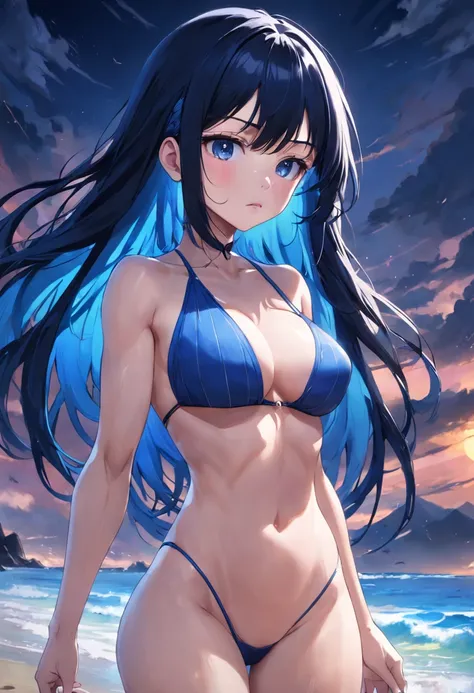 (SFW), (Clean, (Masterpiece), best quality, professional, highly detailed, HDR,UHD,16K), 1young_woman, solo, (mature and sexy:1.3), perfect body, big breasts, long black hair, straight hair, bangs, expressive eyes, (dark blue eyes:1.5), perfect face, (Blue...