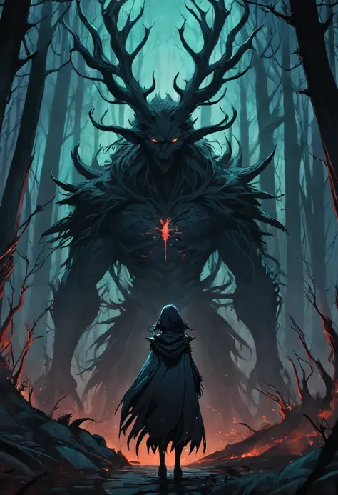 Close up of a person standing in a dark forest, concept art of a dark forest, Dark fantasy forest, dark fantasy artwork, an ominous fantasy illustration, dark fantasy style art, dark fantasy concept art, Dark fantasy background, dnd in a dark forest, Epic ...