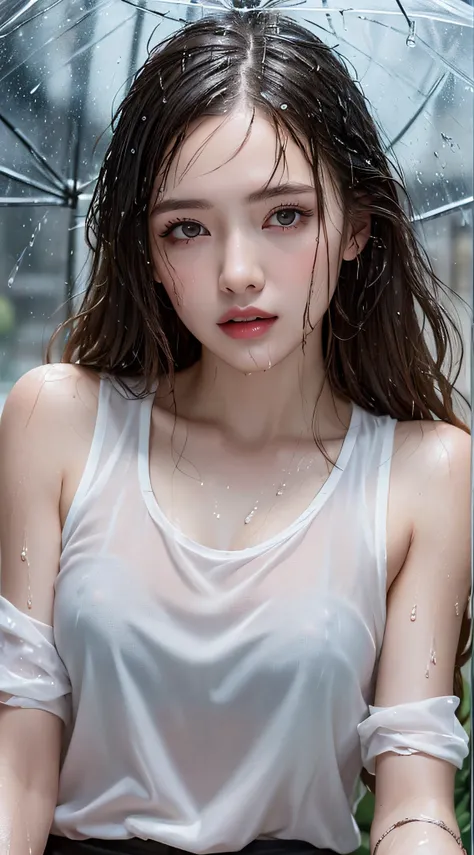 (Best quality, 4k, Masterpiece :1.3), pretty woman, 1girl, sexy :1.1, dark brown hair: 1.1, (rainy wet, wet from rain, wet body :1.2), white tank tops, ultra-detailed face, detailed lips, detailed eyes, double eyelid