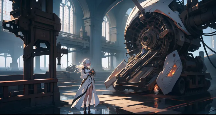 Mechanical Wing Girl Standing in White World、Take a Prayer Posture。Gears and blades of copper parts sway in the wind、reflecting light。In a tranquil landscape、Her figure shines as a mysterious being。Machinery and nature、A scene where mysteries intersect、Evo...